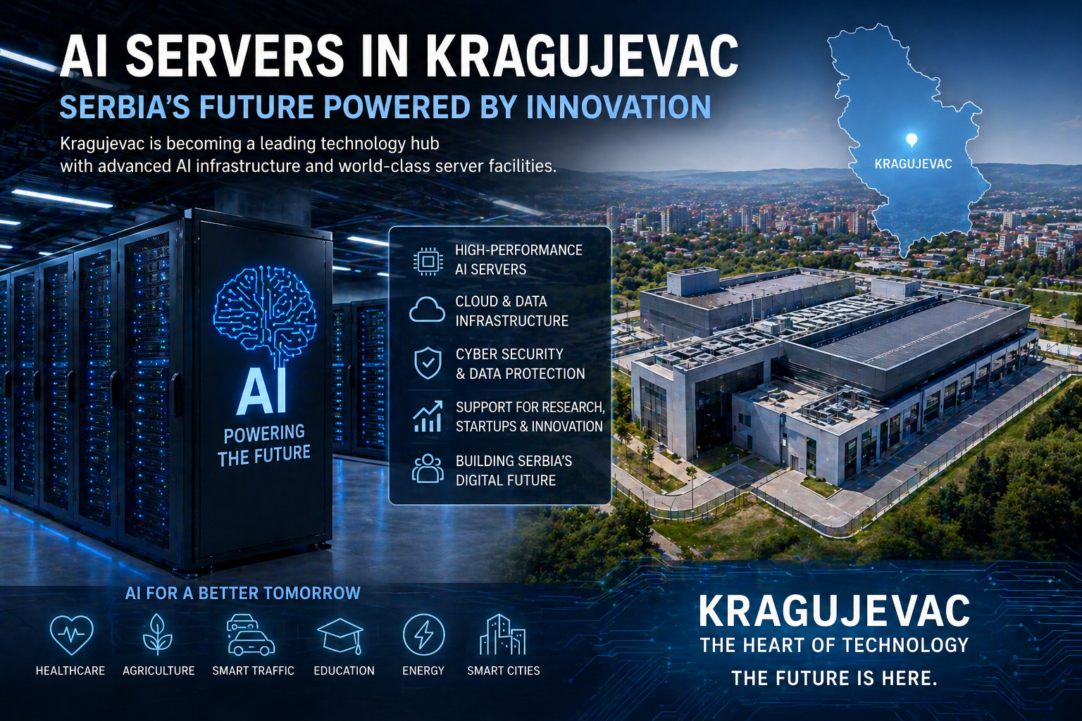 AI servers and data center infrastructure in Kragujevac Serbia showcasing advanced technology and innovation hub