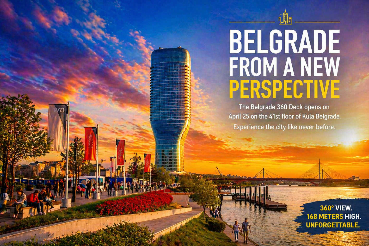 View of Kula Belgrade and Belgrade Waterfront at sunset from the Sava river, Belgrade 360 observation deck