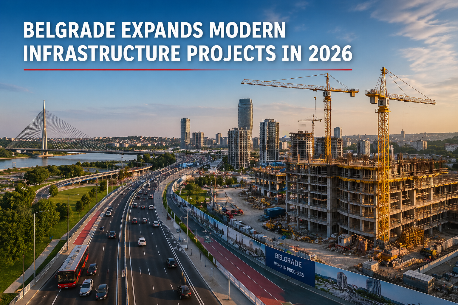 Belgrade skyline with construction cranes, new buildings and highway traffic, showing modern infrastructure development in Serbia in 2026