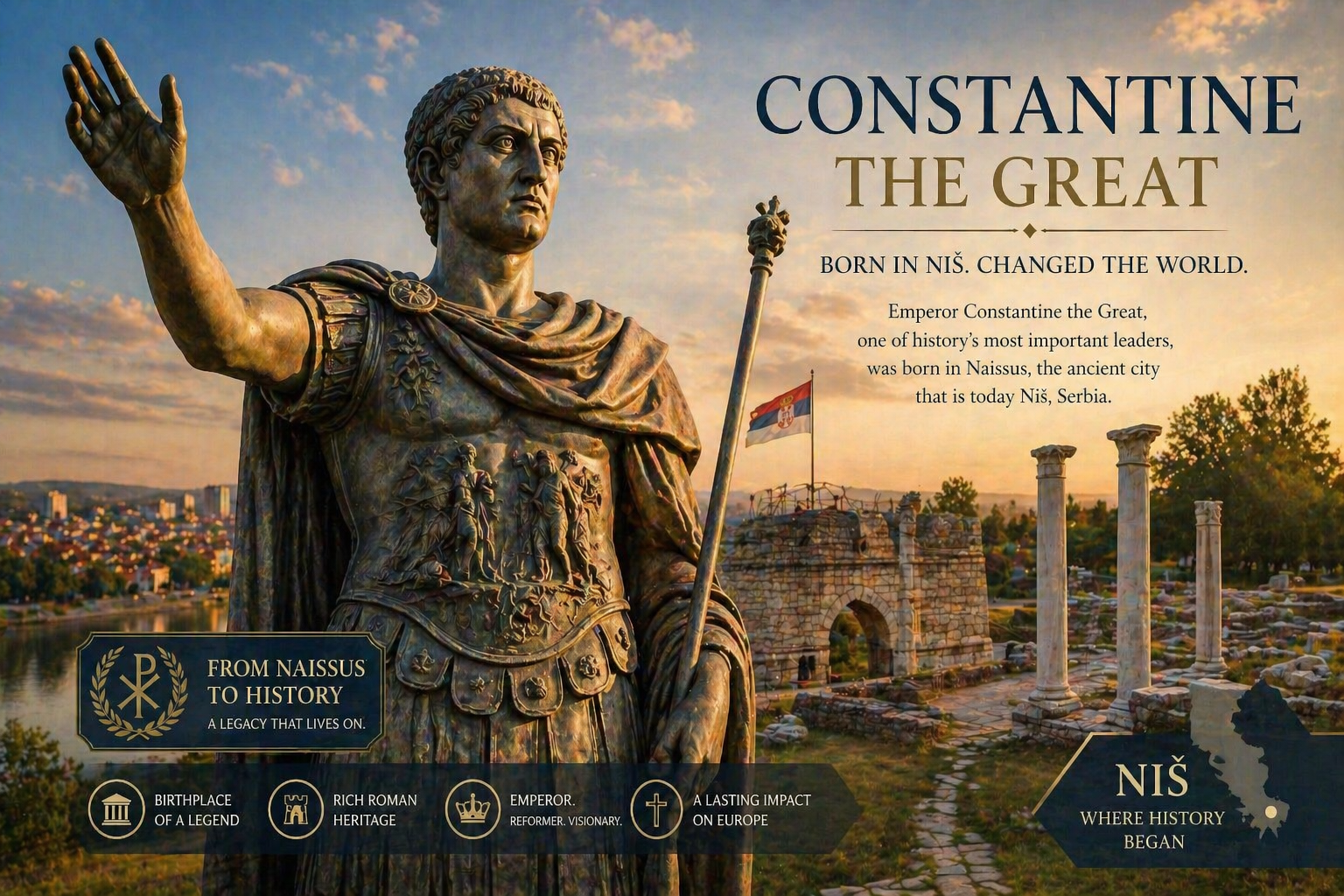 Birthplace of Emperor Constantine in Niš with Roman archaeological site Mediana
