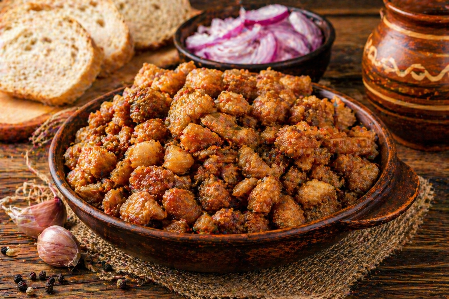Traditional Serbian čvarci served on a rustic wooden table