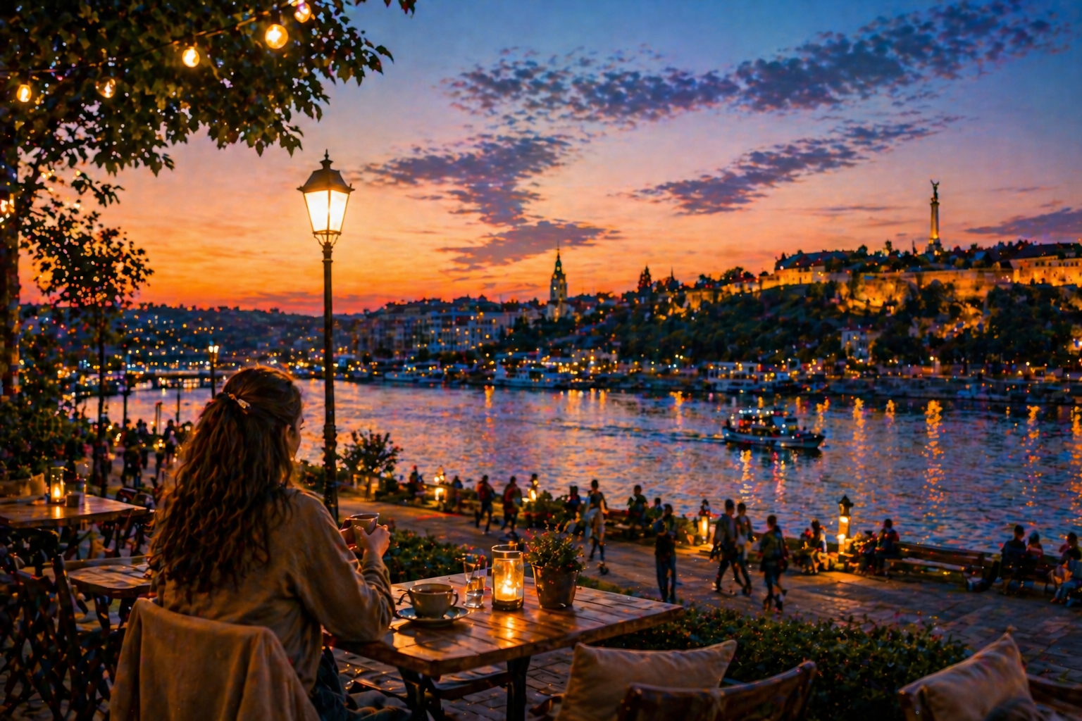 Evening lifestyle in Belgrade by the river with cafes, people and city lights showing daily life in Serbia