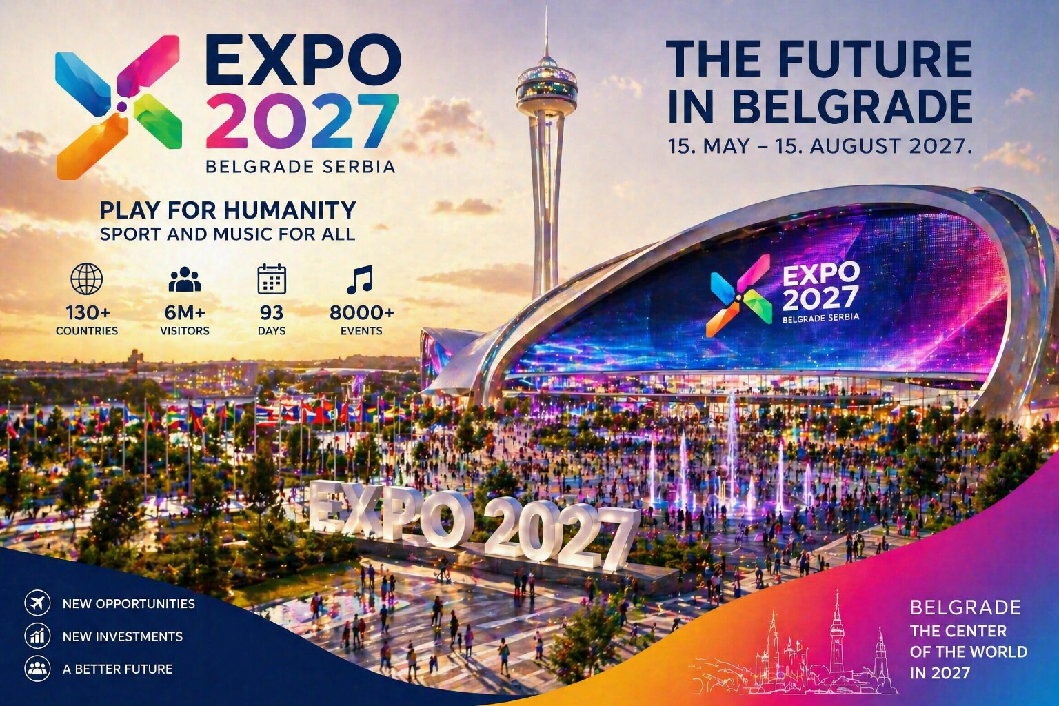 Expo 2027 Belgrade Serbia futuristic exhibition center with crowd, global event showcasing innovation and technology
