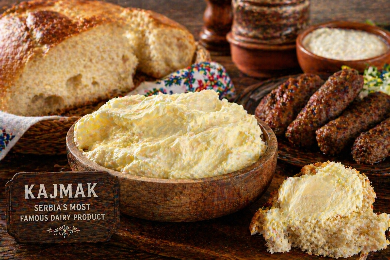 Traditional Serbian kajmak served with bread and grilled meat