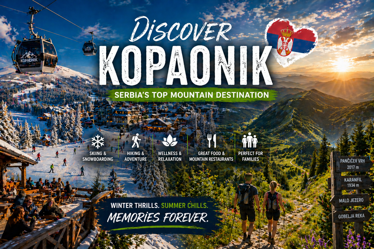 Kopaonik mountain resort in Serbia with ski slopes in winter and hiking trails in summer