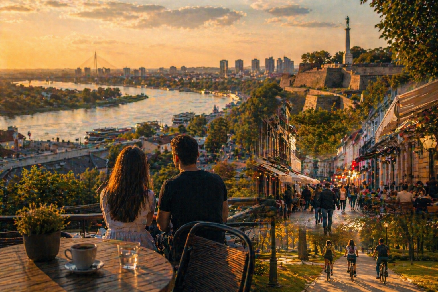 Couple enjoying sunset view over Belgrade from Kalemegdan fortress with rivers and city skyline, living in Serbia lifestyle
