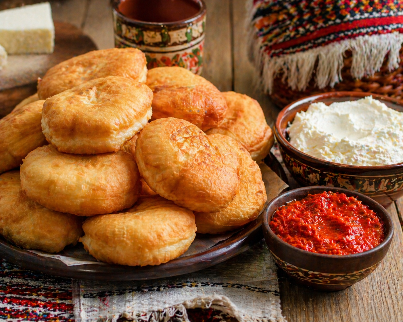 Traditional Serbian mekike fried dough served with ajvar and cheese, Balkan breakfast food