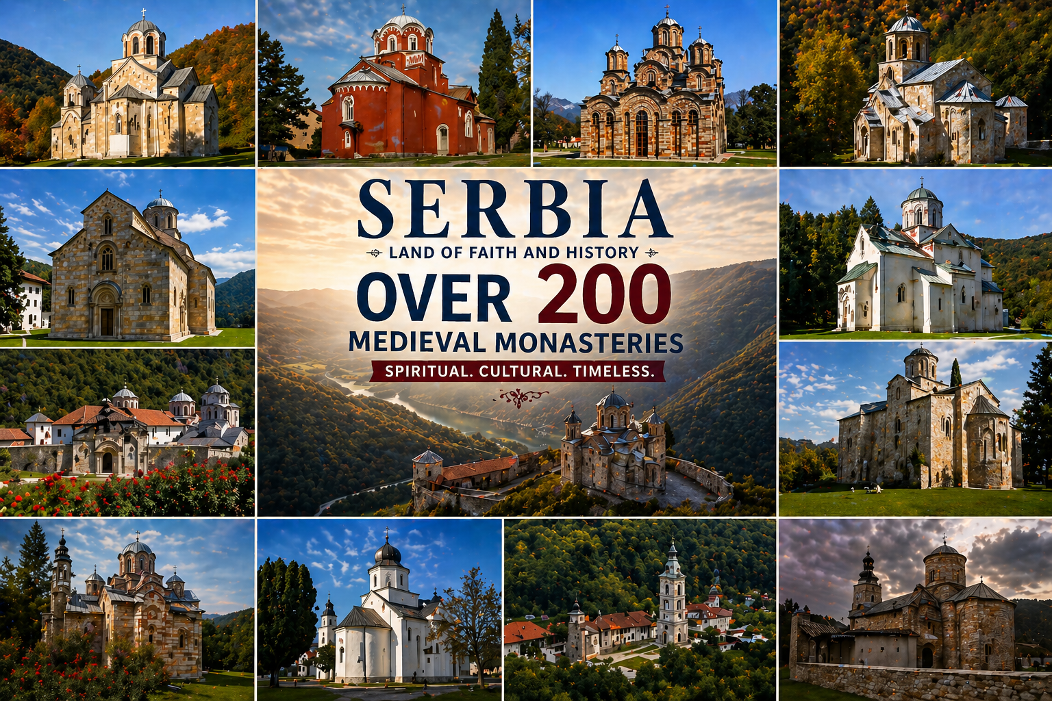 ancient Serbian monastery surrounded by mountains and nature with historic architecture