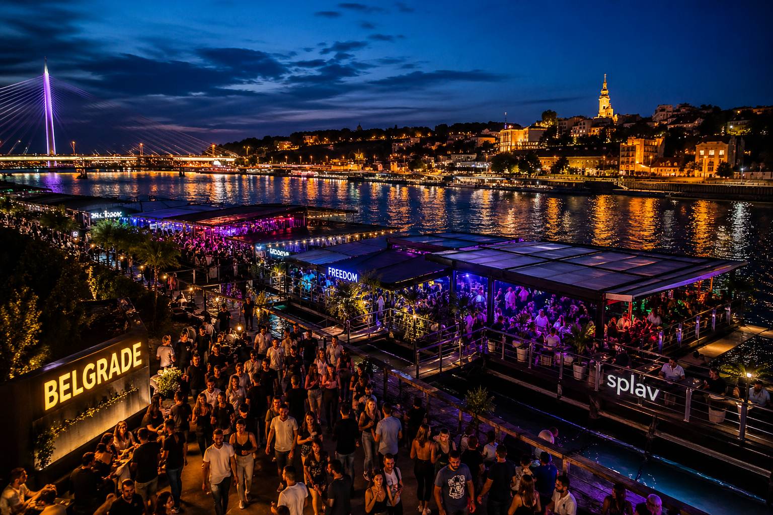 Belgrade nightlife with river clubs and city lights at night