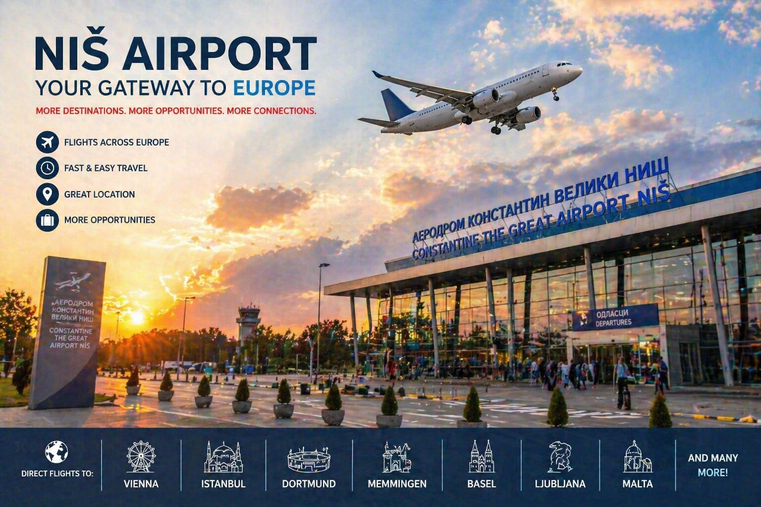 Nis Airport Constantine the Great in Serbia with airplane taking off at sunset, gateway to Europe flights