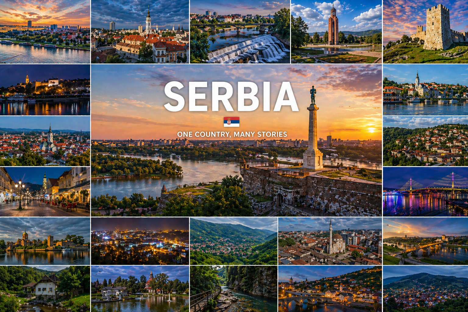 Collage of Serbian cities including Belgrade, Novi Sad, Niš, Subotica and other urban destinations