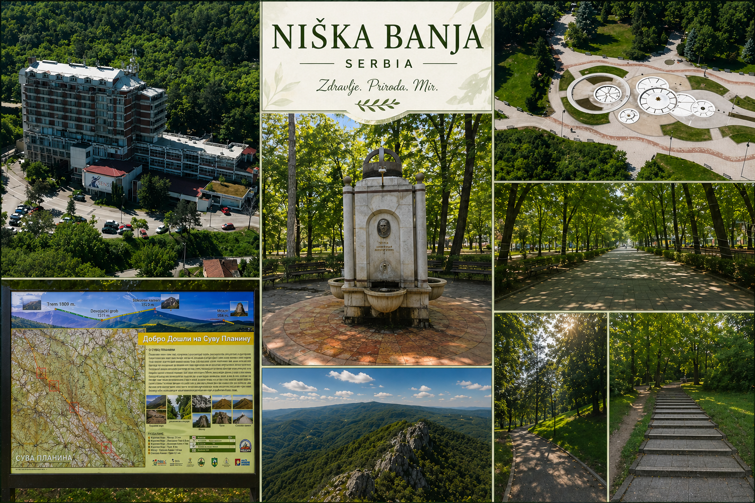 Niška Banja in Serbia with spa park, fountain, walking paths and Suva Planina mountain landscape