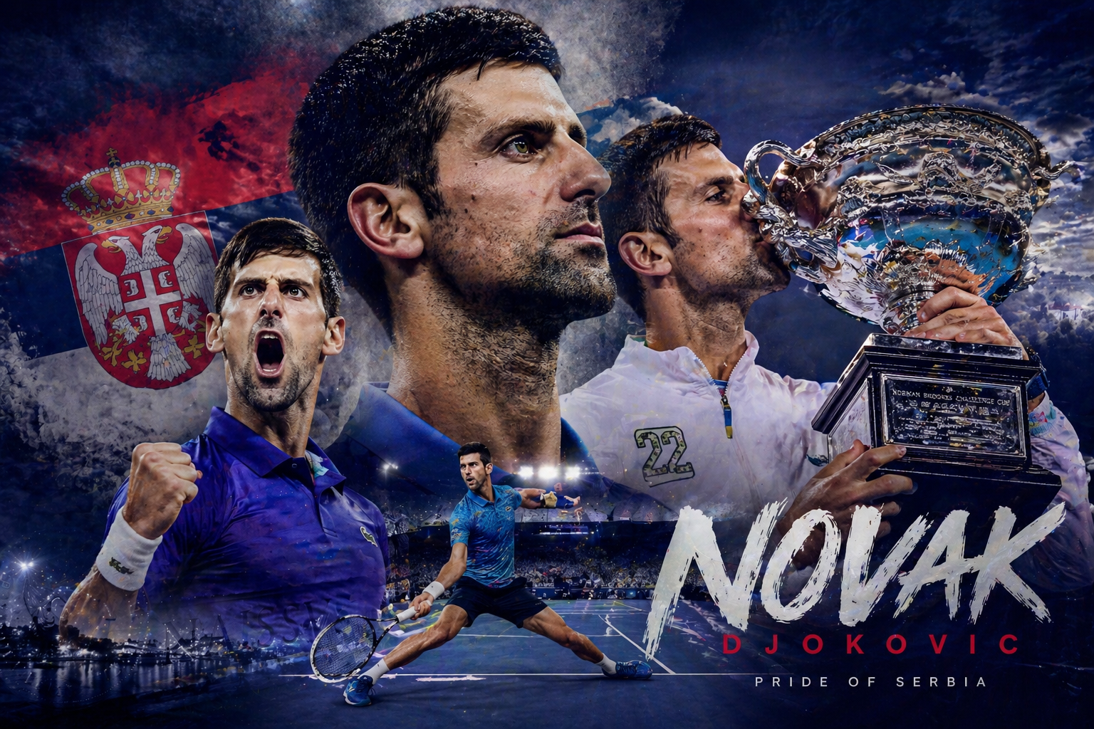 Novak Djokovic Serbian tennis player holding Grand Slam trophy with Serbia flag background and action shots
