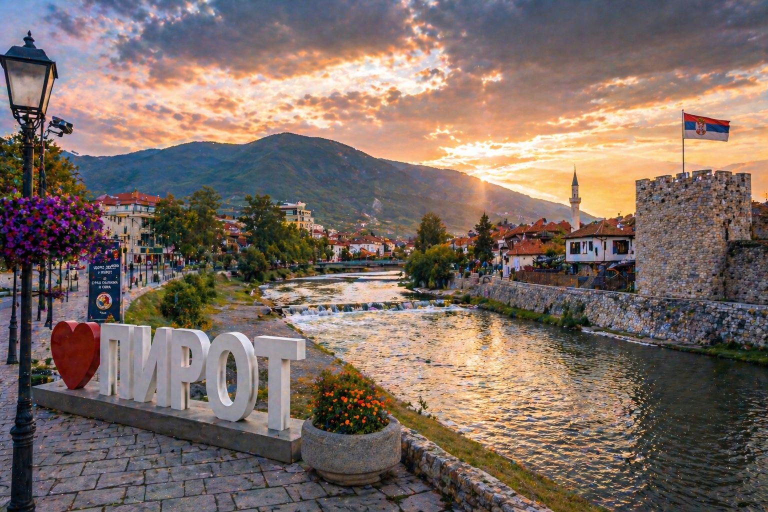 Pirot Serbia city view with river, fortress and mountains at sunset