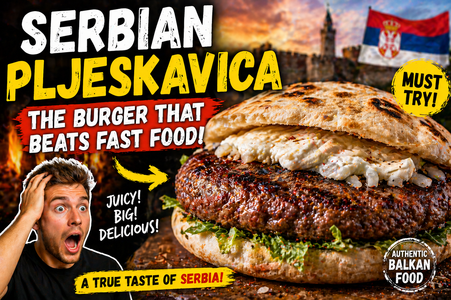 serbian pljeskavica burger with kajmak onions in lepinja traditional street food