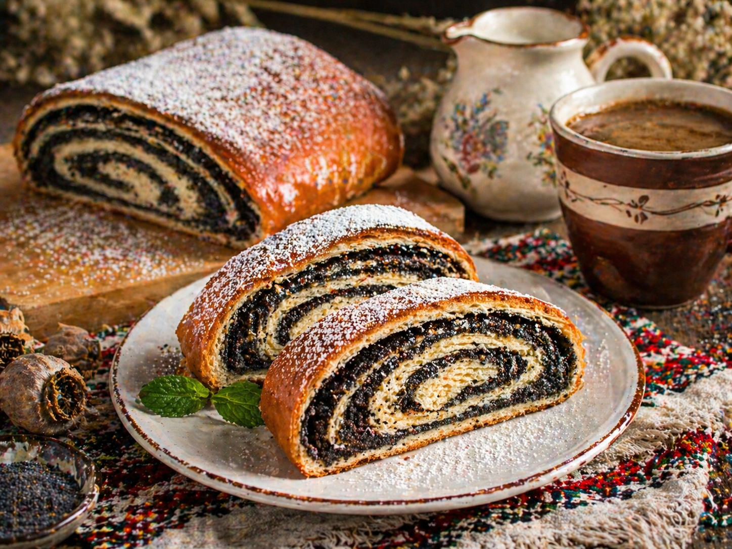 Traditional Serbian poppy seed strudel served with powdered sugar and coffee, Balkan dessert