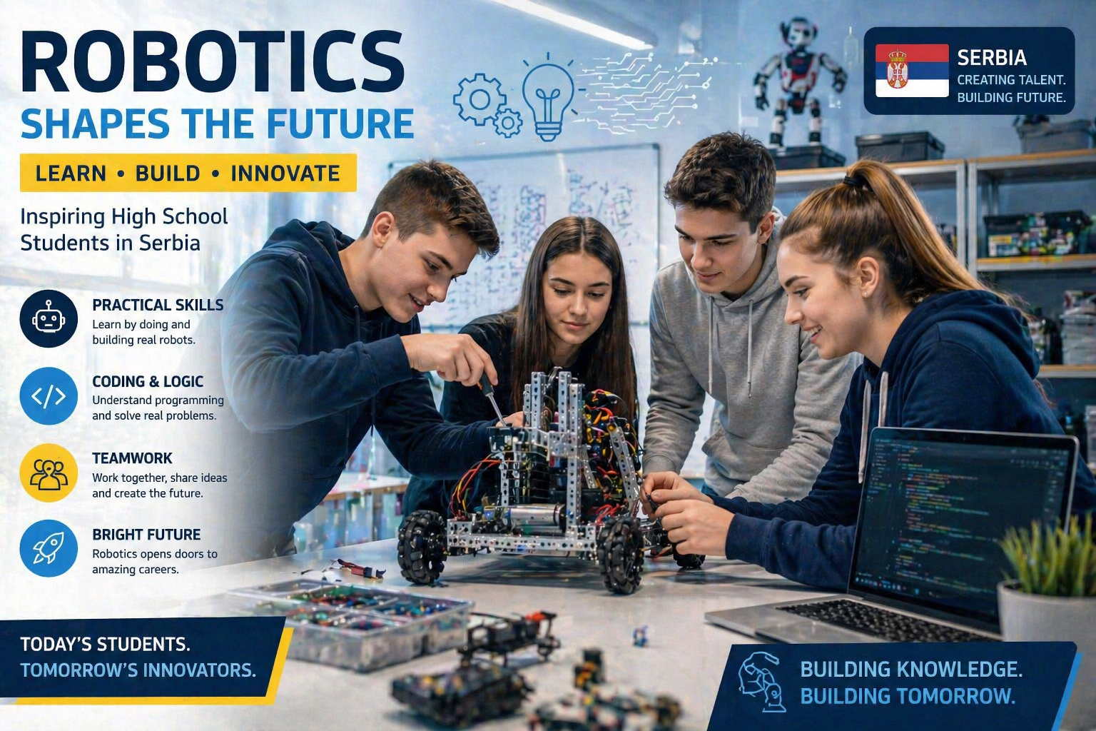 High school students in Serbia learning robotics, coding, and engineering while building a robot in a classroom