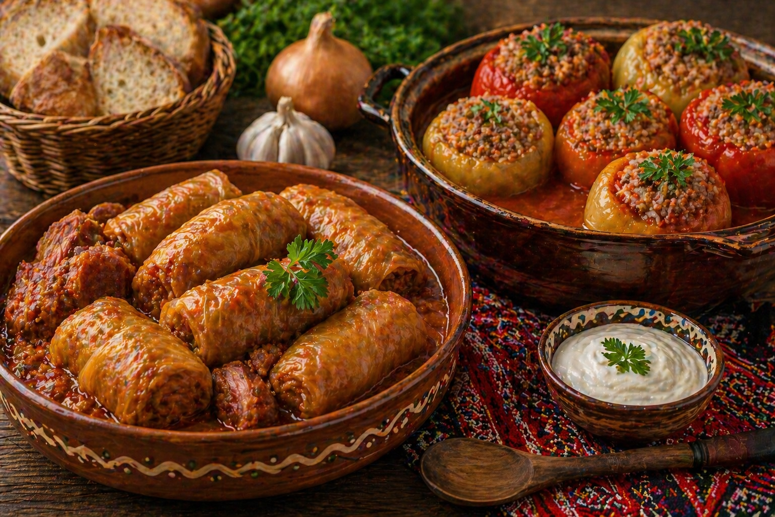 Traditional Serbian sarma and stuffed peppers served with bread and sour cream, Balkan cuisine