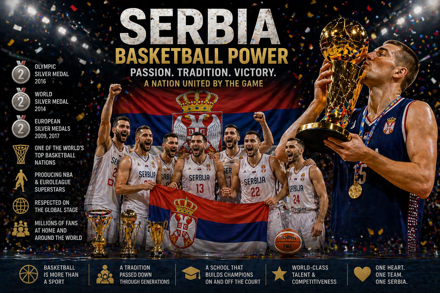 Serbia national basketball team celebrating victory with trophies and medals, international basketball success