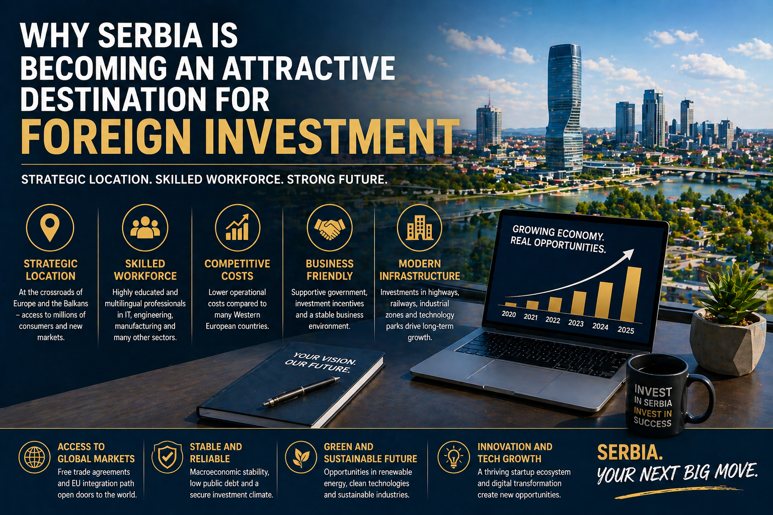Belgrade skyline and business workspace showing Serbia as a growing destination for foreign investment and economic opportunities