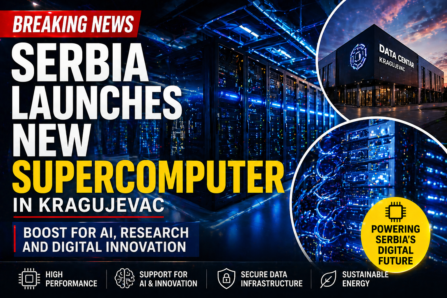 modern supercomputer and data center in Kragujevac Serbia with advanced technology and servers