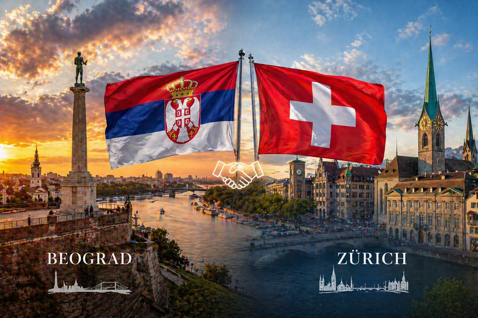 Business partnership between Serbia and Switzerland represented by flags of Belgrade and Zurich with handshake symbol