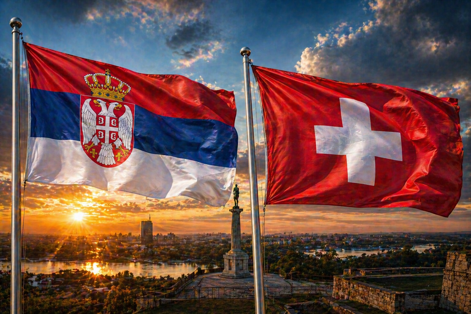 Serbia and Switzerland flags waving over Belgrade at sunset symbolizing international partnership and cooperation