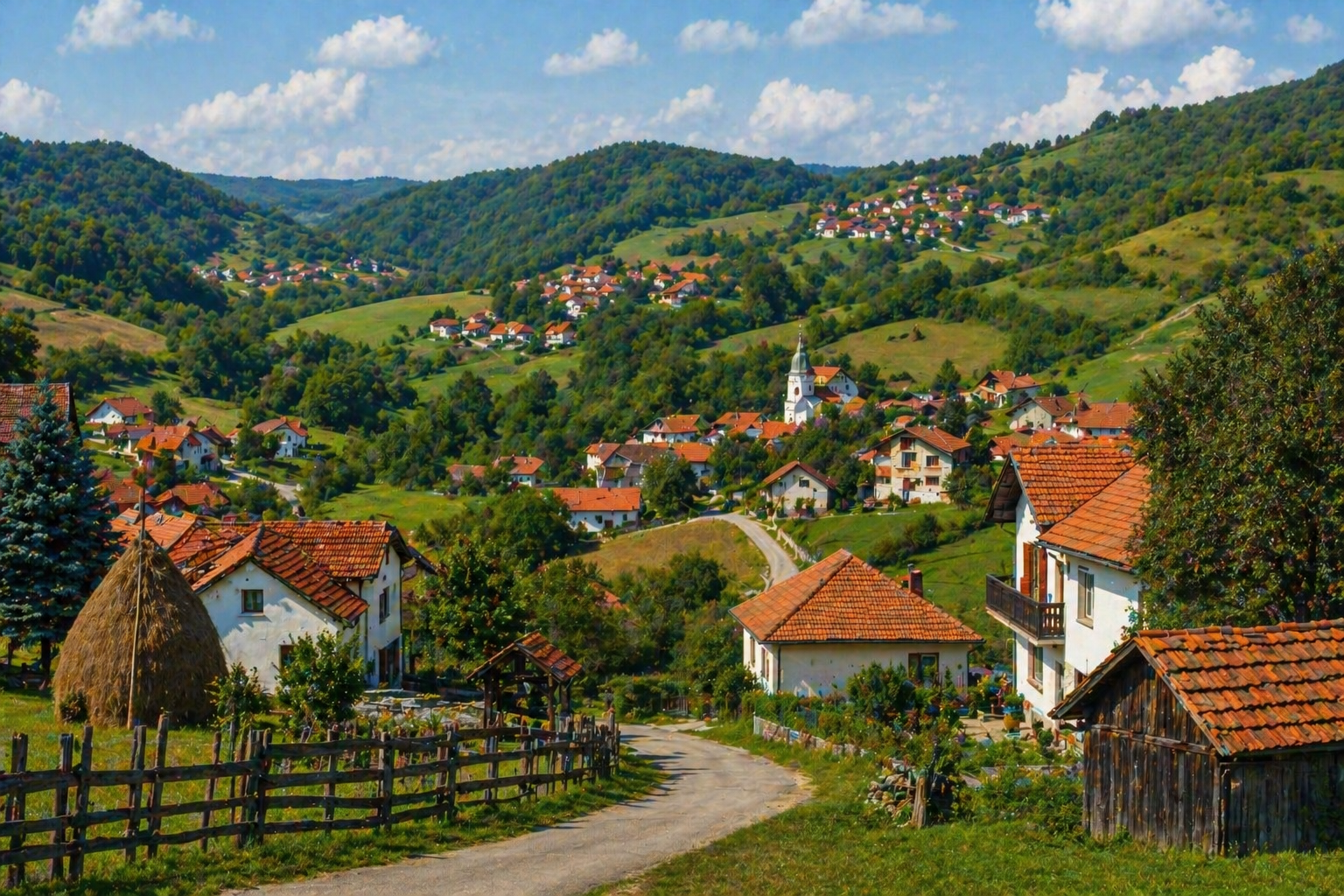 Scenic Serbian village with traditional houses and green hills, representing rural lifestyle and young people returning to countryside