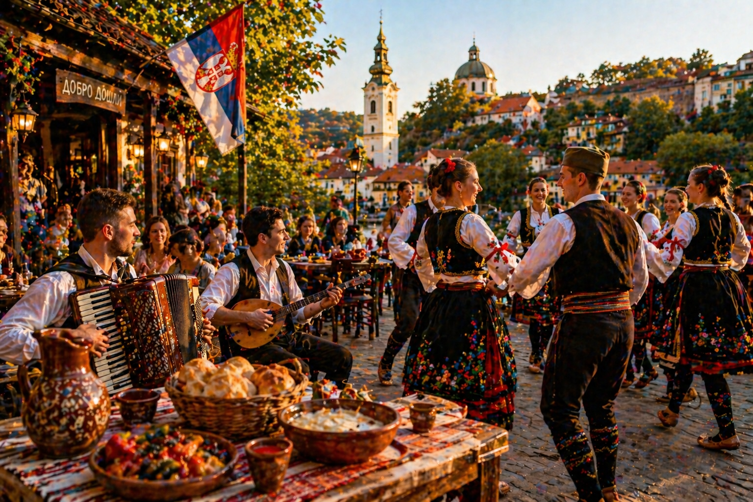 Serbian traditional folk dance with musicians and local food in a vibrant outdoor setting