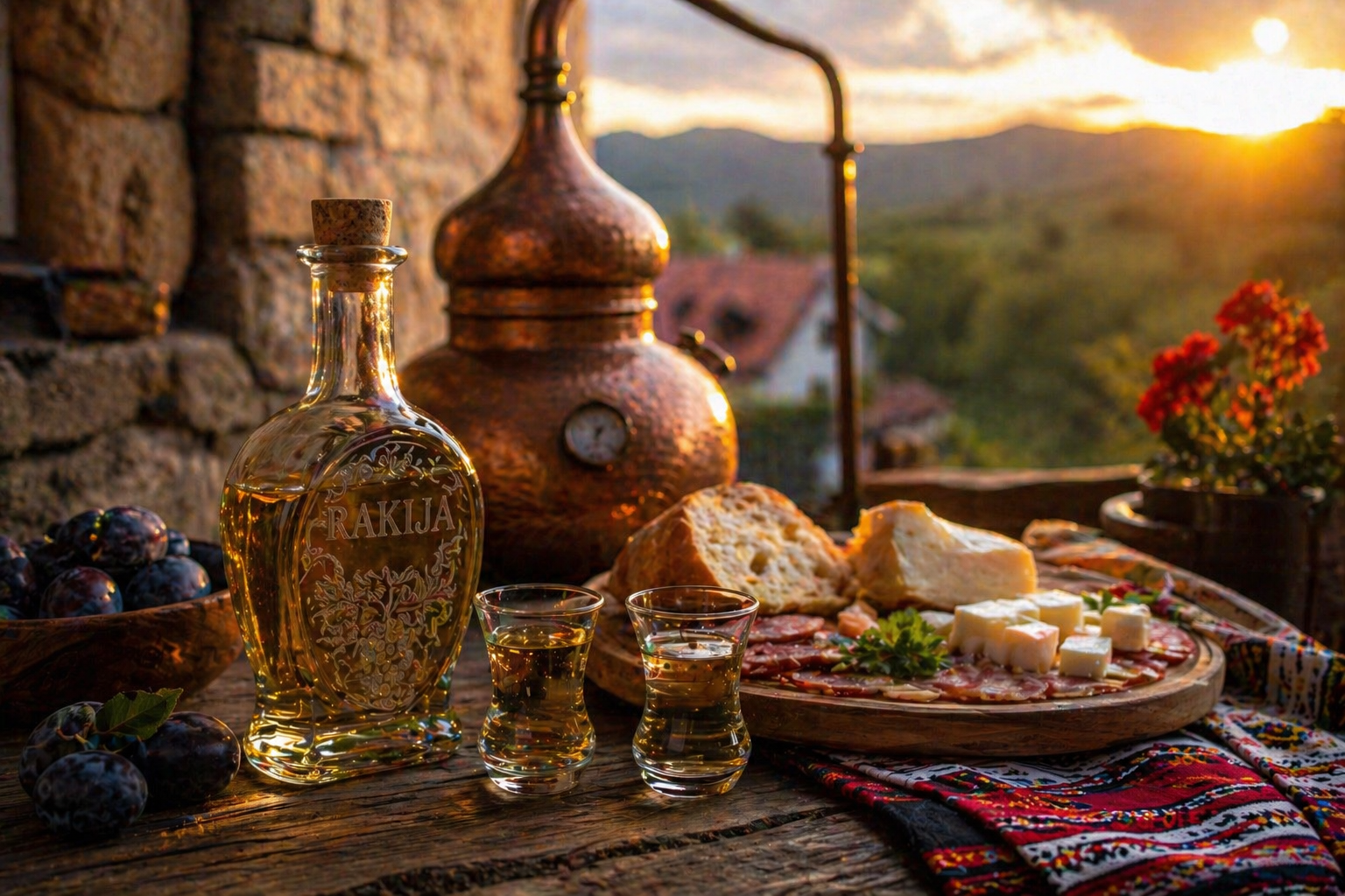 Traditional Serbian rakija with cheese, prosciutto, and bread served at sunset in a rural village setting