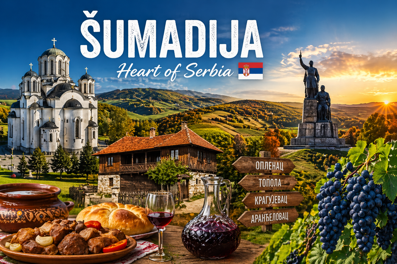 Šumadija region in Serbia with Oplenac church, vineyards, traditional food and countryside landscape