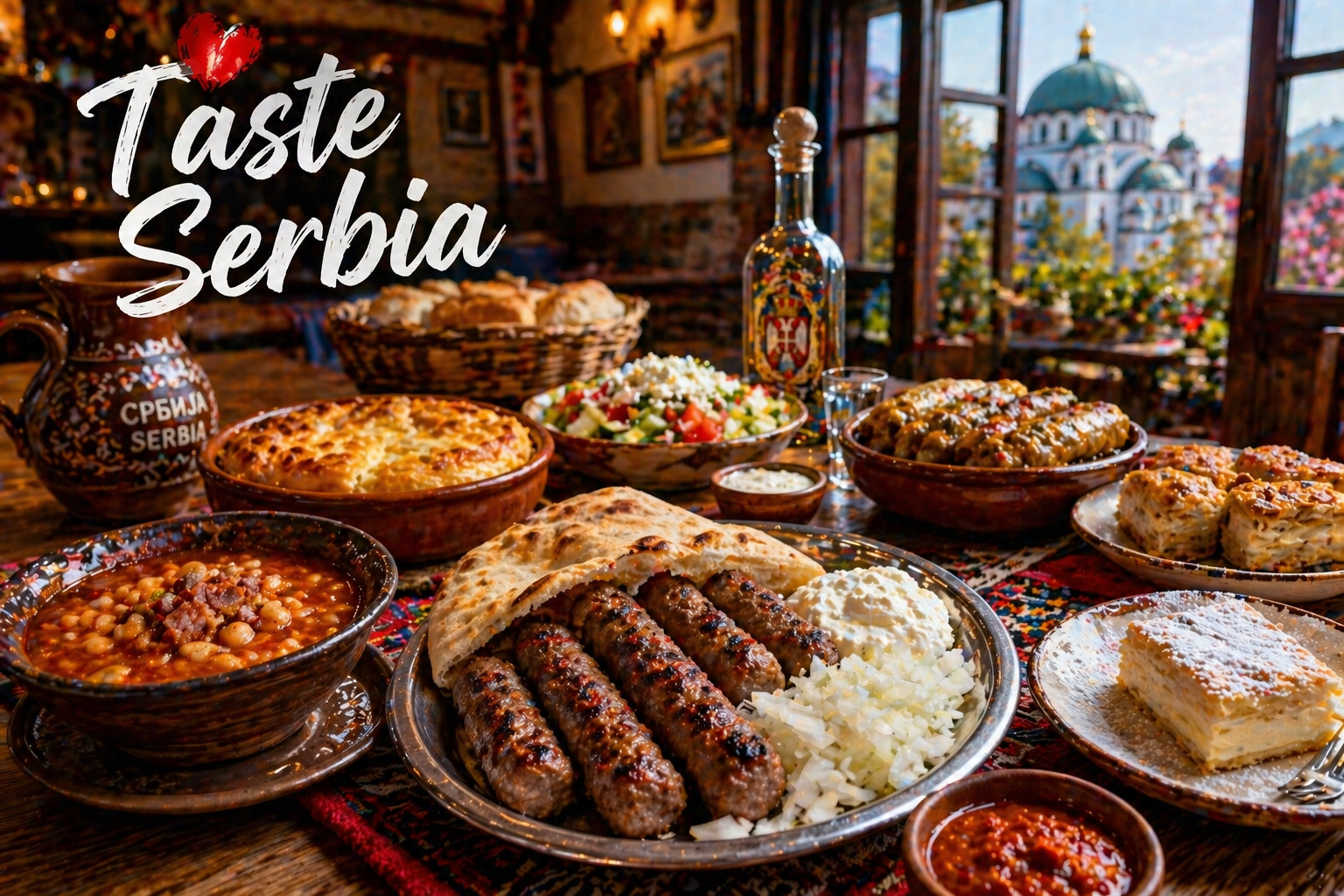 Traditional Serbian food including cevapi, sarma, pasulj and pastries served in a rustic restaurant setting