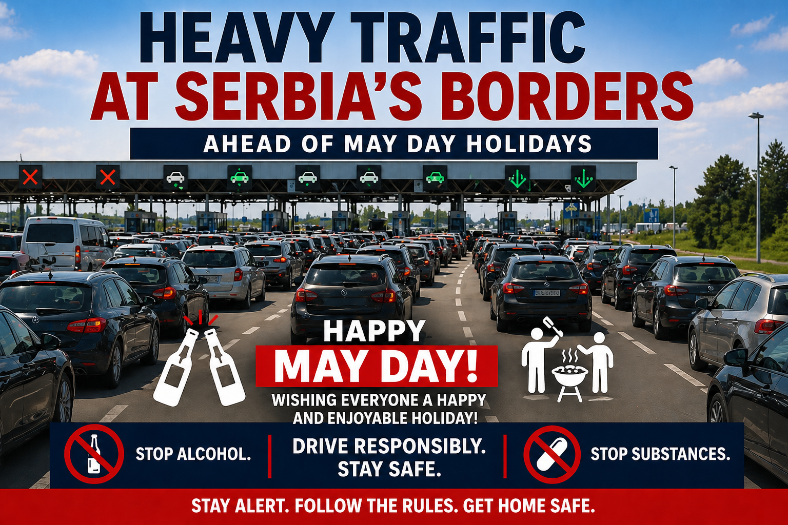 heavy traffic at Serbia border crossing during May Day holiday with long lines of cars and vehicles