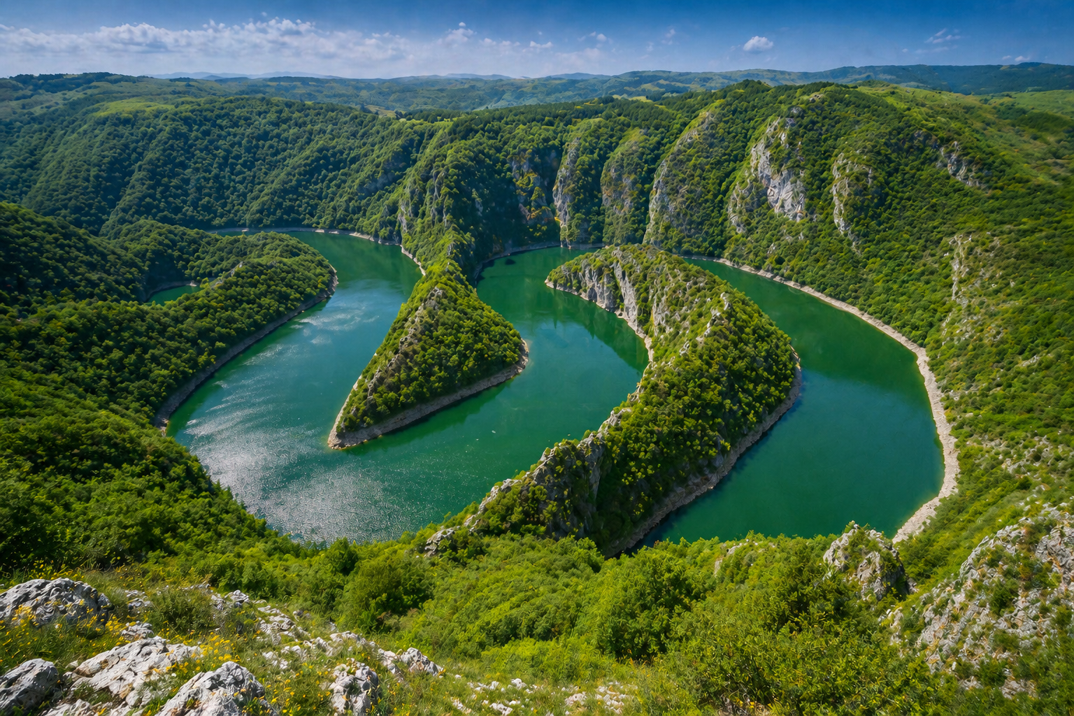 Uvac Canyon in Serbia with famous river meanders surrounded by green mountains and untouched nature
