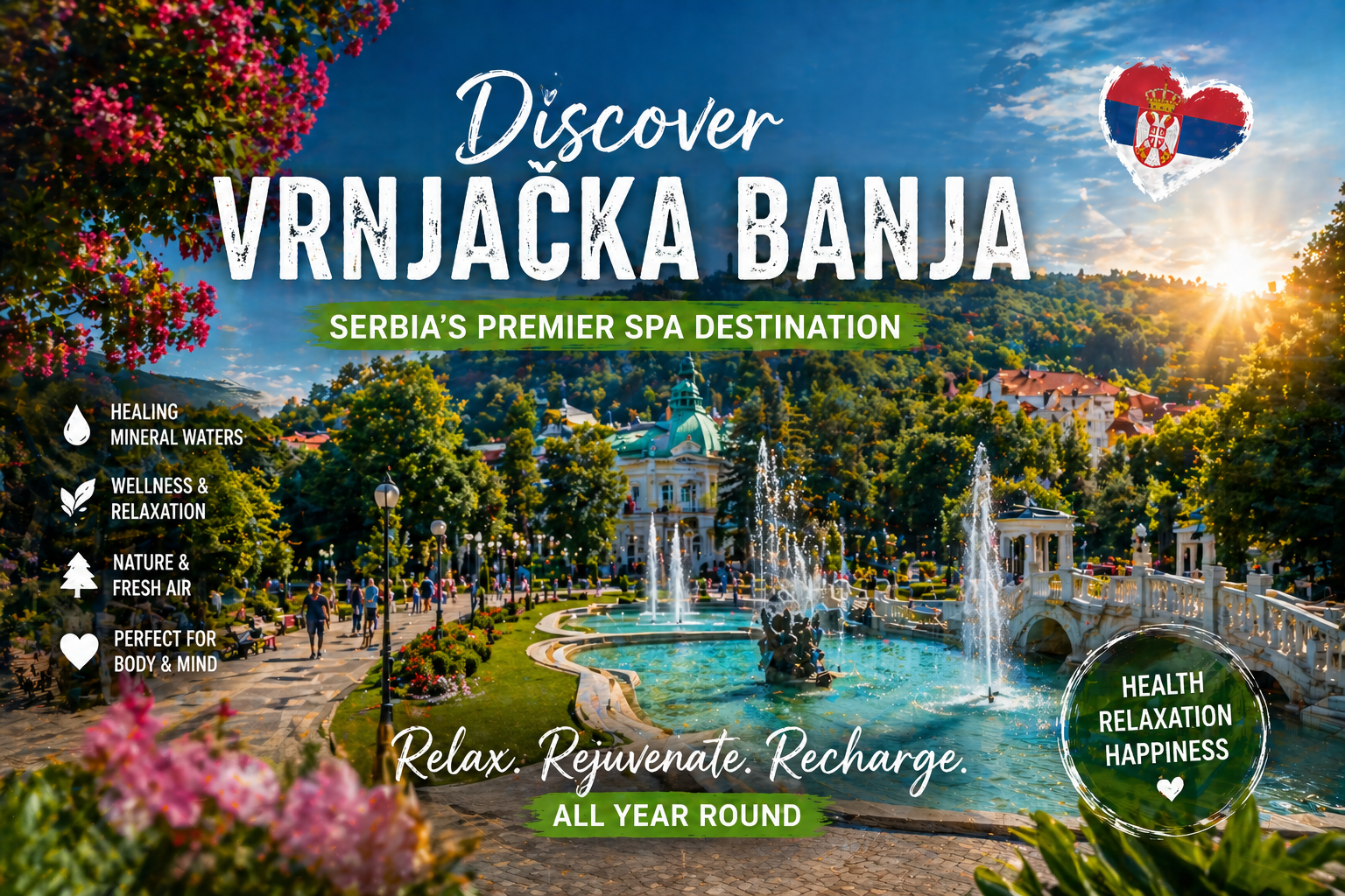 Vrnjačka Banja spa resort in Serbia with fountains, park and wellness relaxation destination