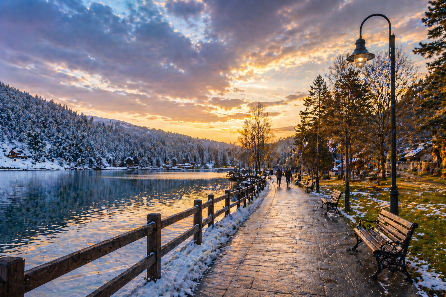Zlatibor mountain in Serbia with lake promenade at sunset, winter landscape and peaceful walking path