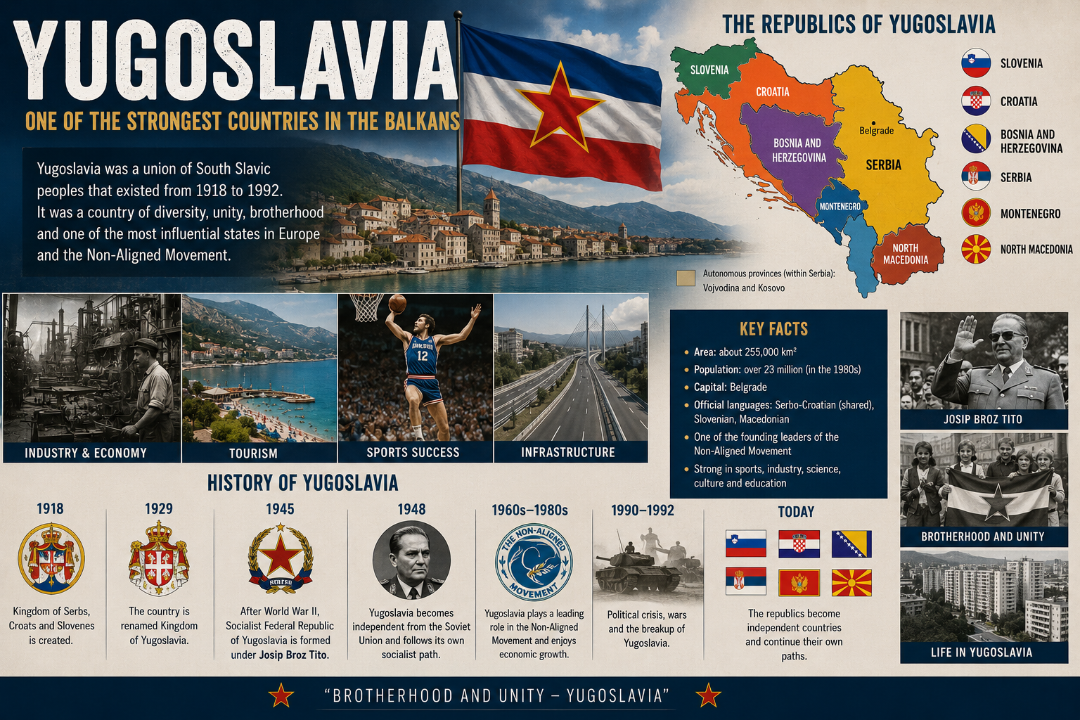 Historical illustration of Yugoslavia featuring the republics, map, culture, economy, and history of the former Balkan state.