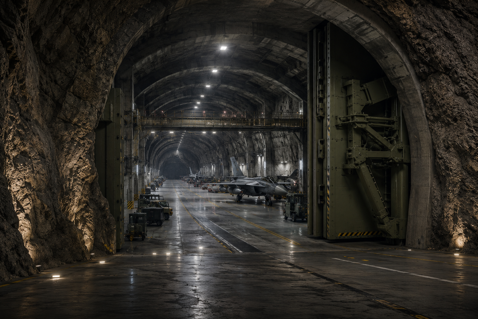 Large underground military air base with fighter jets, tunnels, armored blast doors, and Cold War-era secret military infrastructure inside a mountain.