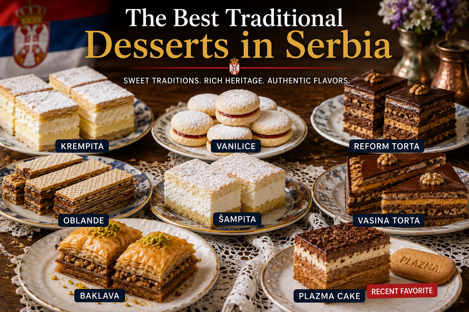 Traditional Serbian desserts including Krempita, Vanilice, Reform Torta and Oblande