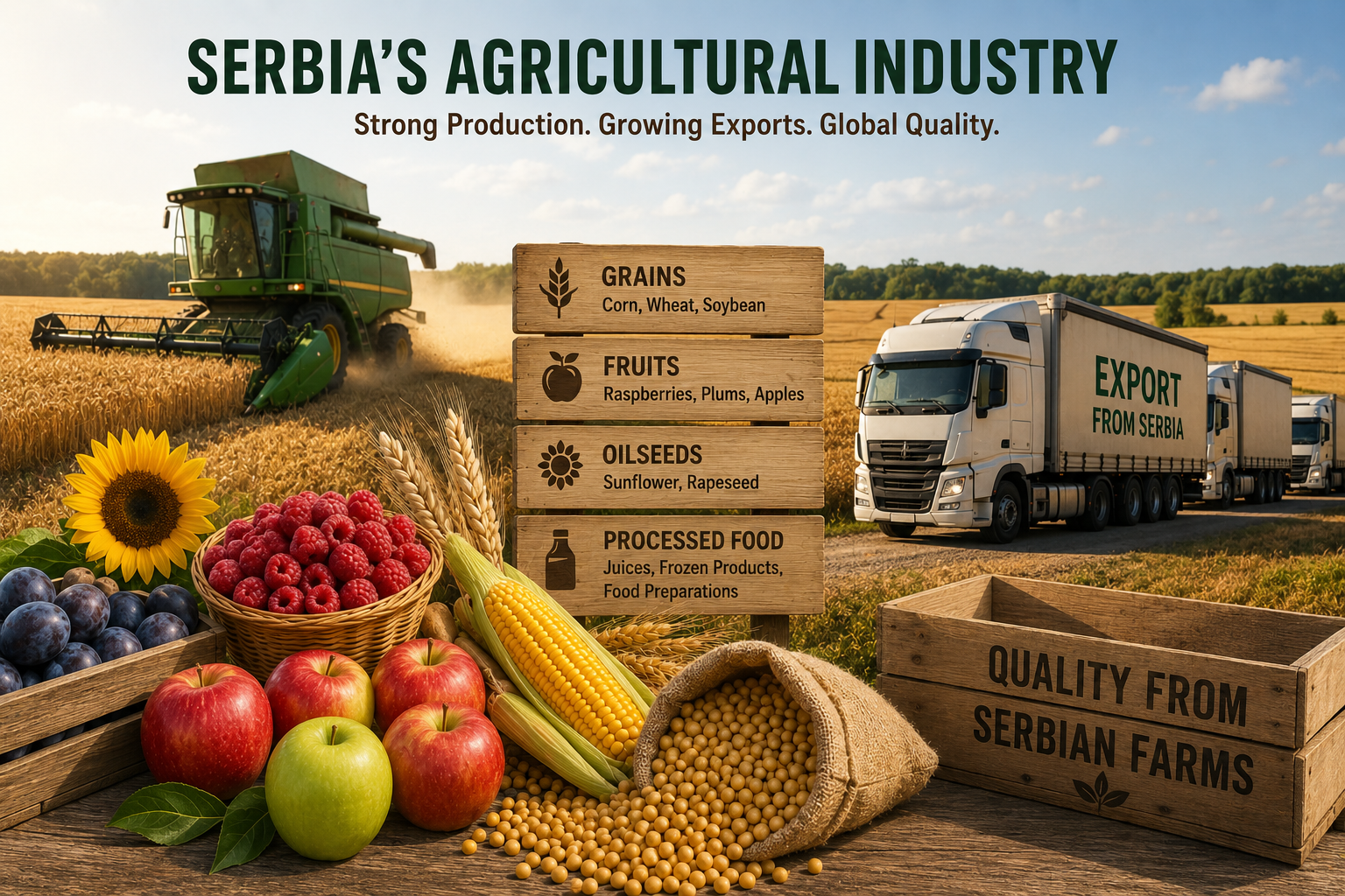 Serbian agricultural fields, farming machinery, fresh produce, and export trucks representing Serbia’s agricultural exports.