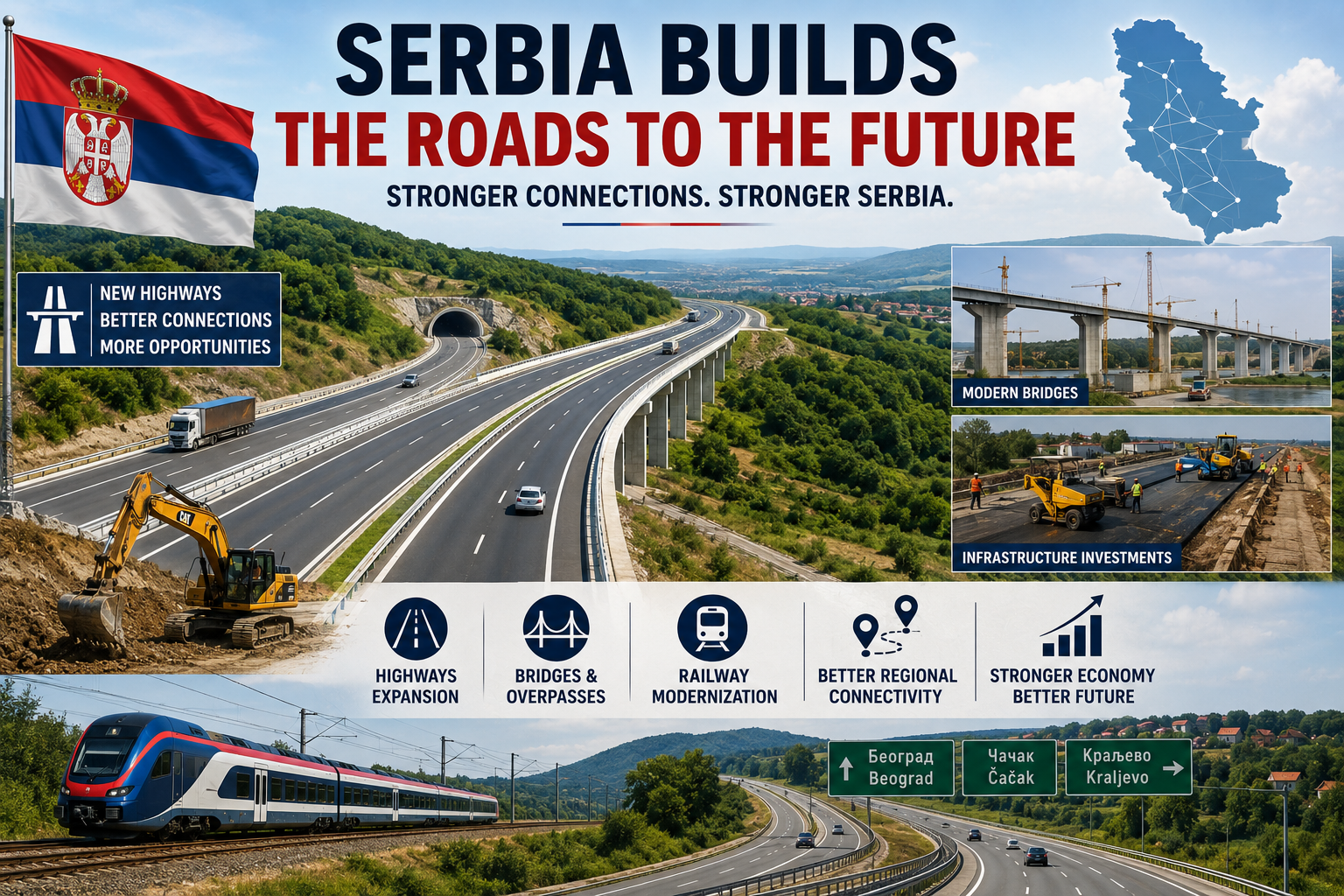 Modern highways, bridges, railways, and construction projects representing Serbia’s growing infrastructure development.
