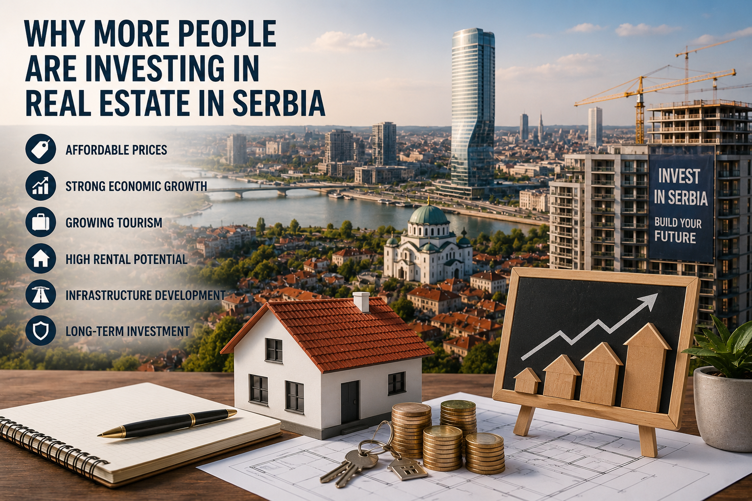 Modern buildings, construction projects, and investment symbols representing the growing real estate market and property investments in Serbia.