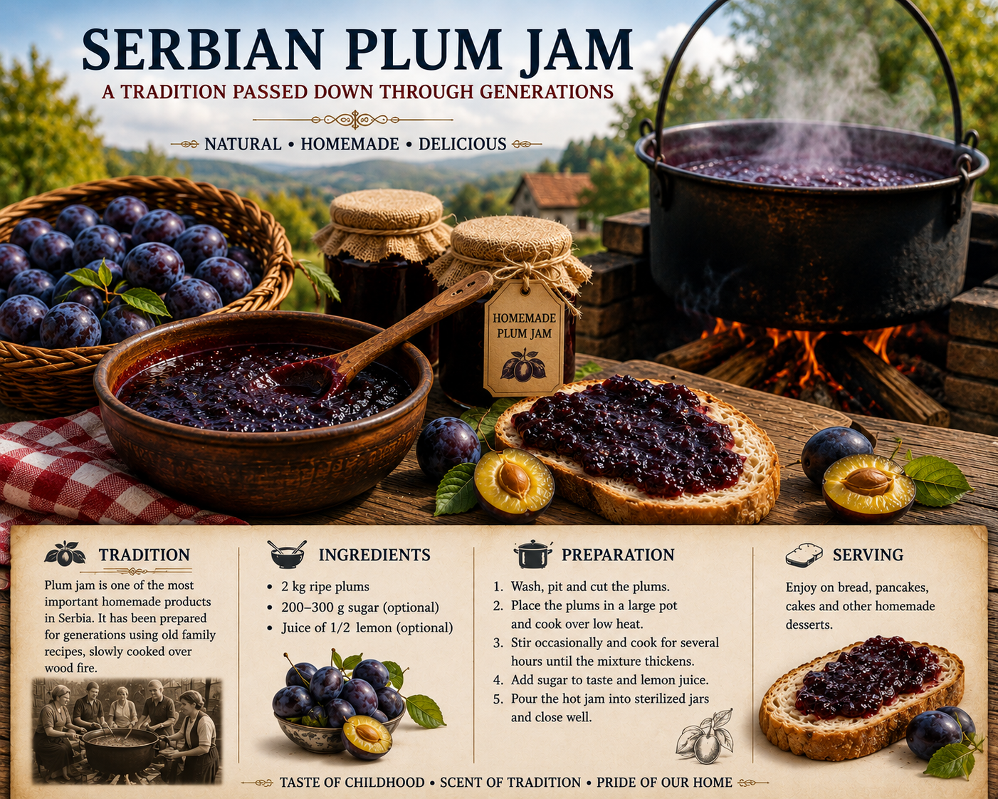 Traditional Serbian plum jam made from fresh plums with homemade jars, rustic countryside cooking, and traditional Balkan food preparation.