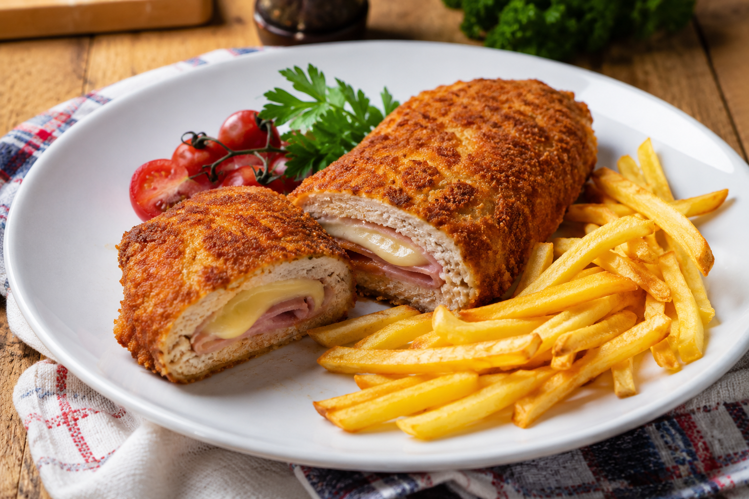 Karađorđe’s schnitzel, rolled veal with creamy filling, fried to golden brown and garnished with lemon.