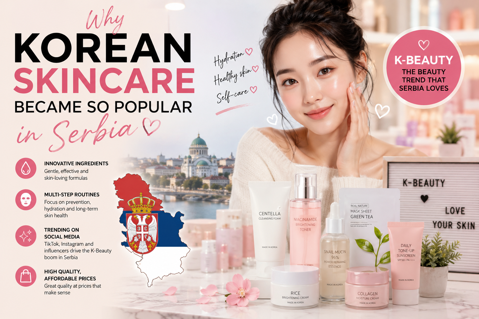 Korean skincare cosmetics, beauty products, and K-Beauty trends displayed in a modern beauty-themed setting connected to skincare popularity in Serbia.
