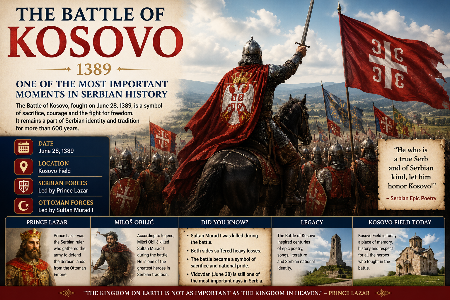 Medieval Serbian army and warriors during the Battle of Kosovo in 1389 with historical battlefield and Serbian flags.