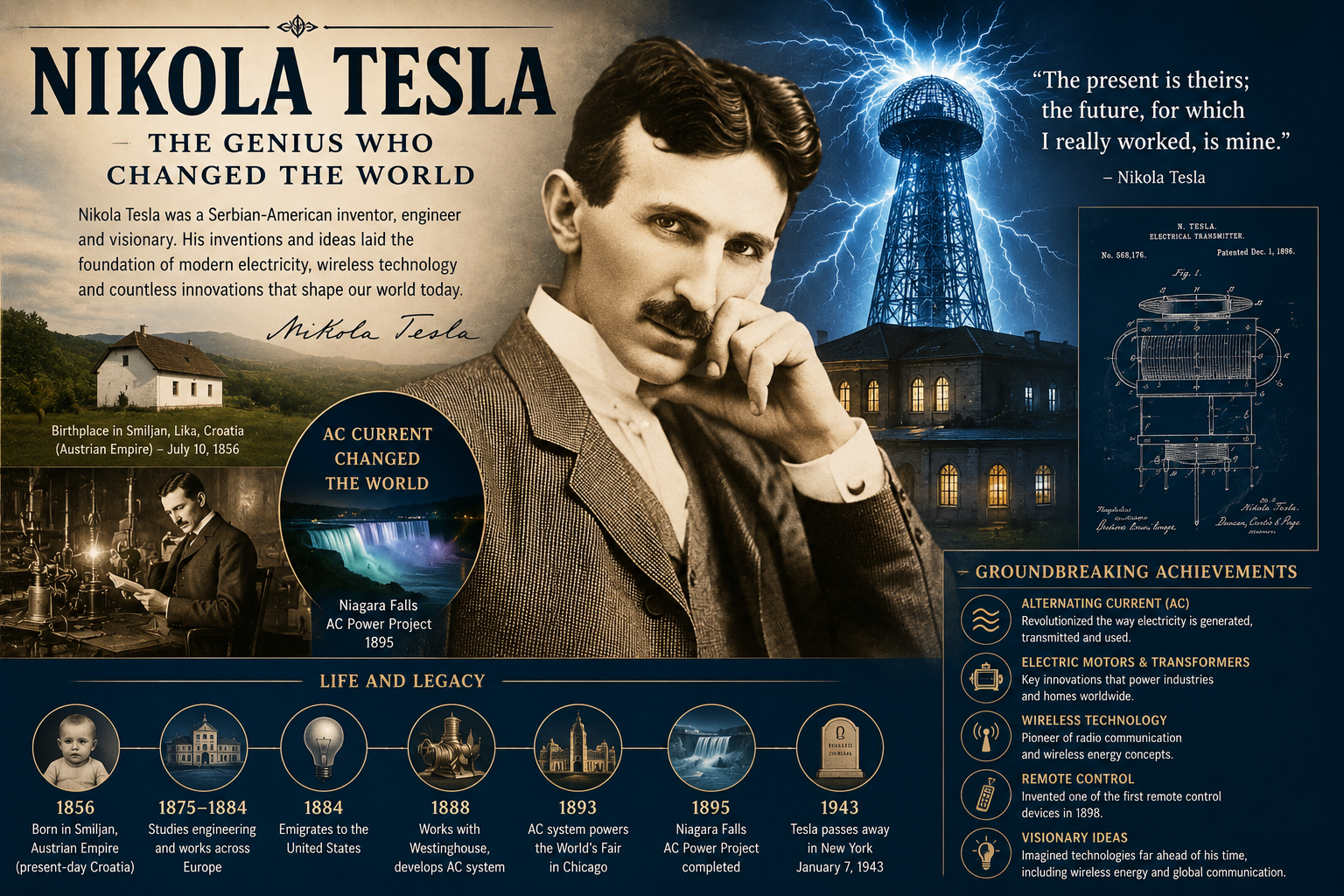 Portrait of Nikola Tesla with electricity, inventions, and scientific illustrations representing his contributions to modern technology and electricity.