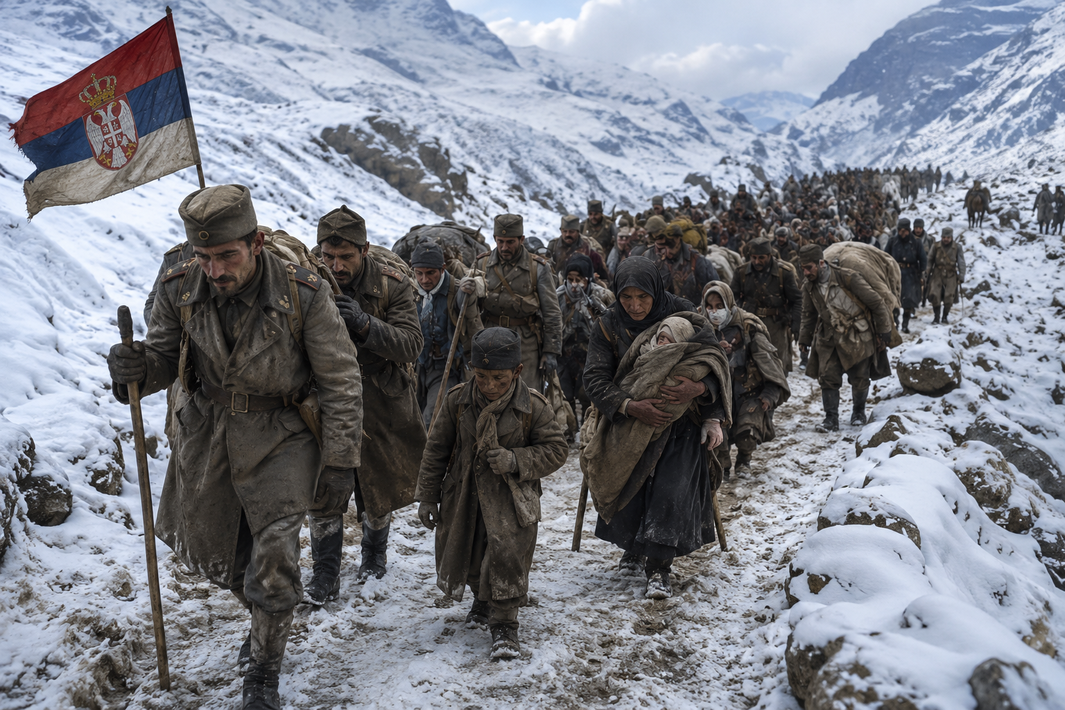 Serbian soldiers and civilians retreating through snowy Albanian mountains during World War I.