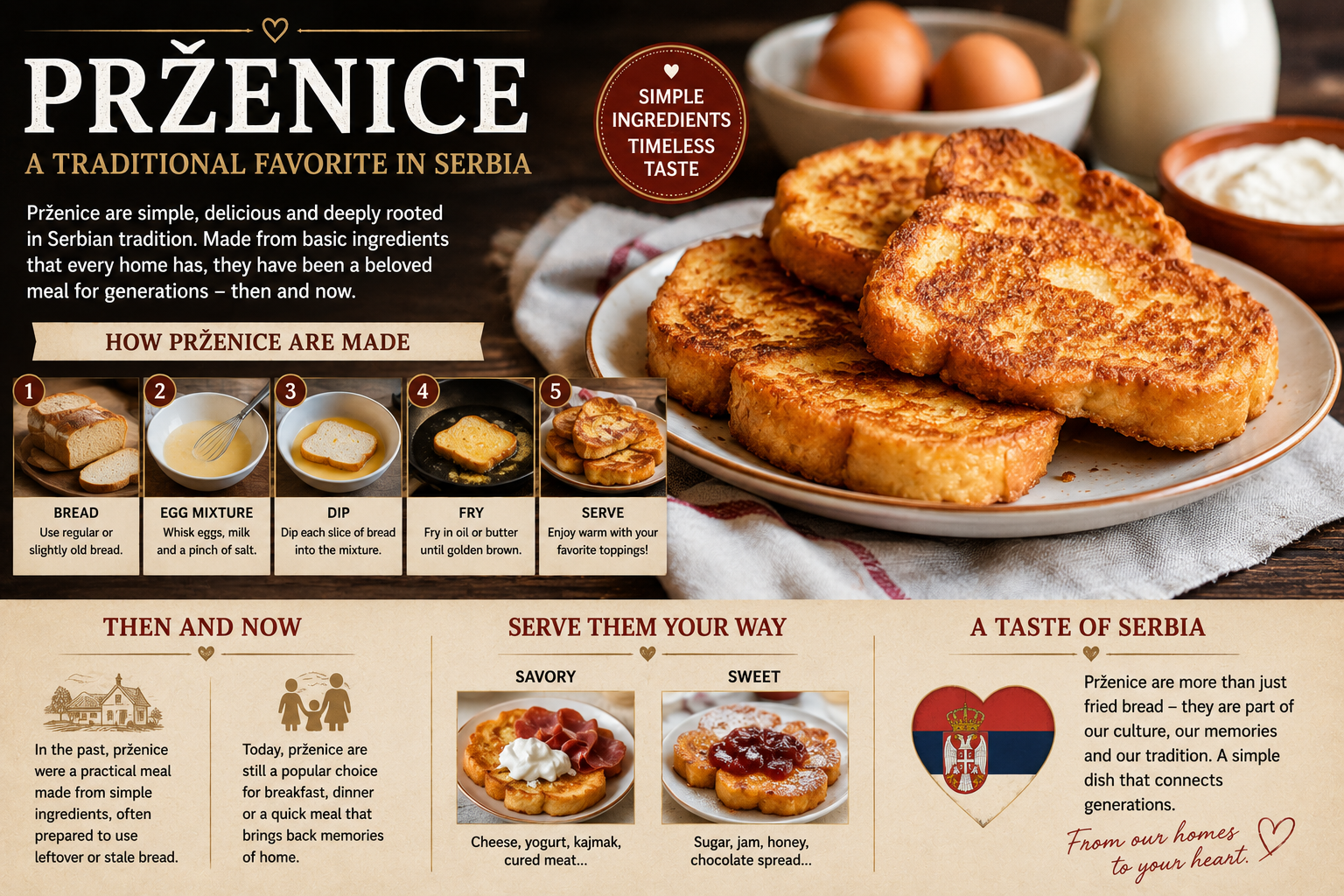 Traditional Serbian prženice made from fried bread with eggs, served as a homemade breakfast meal.