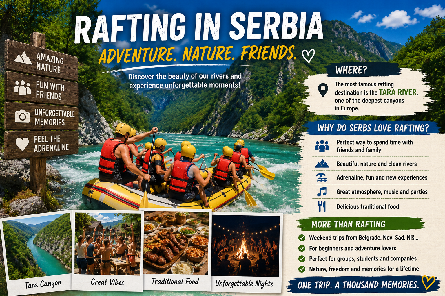 People rafting through the Tara River canyon surrounded by mountains, forests, and clear turquoise water in the Balkans.